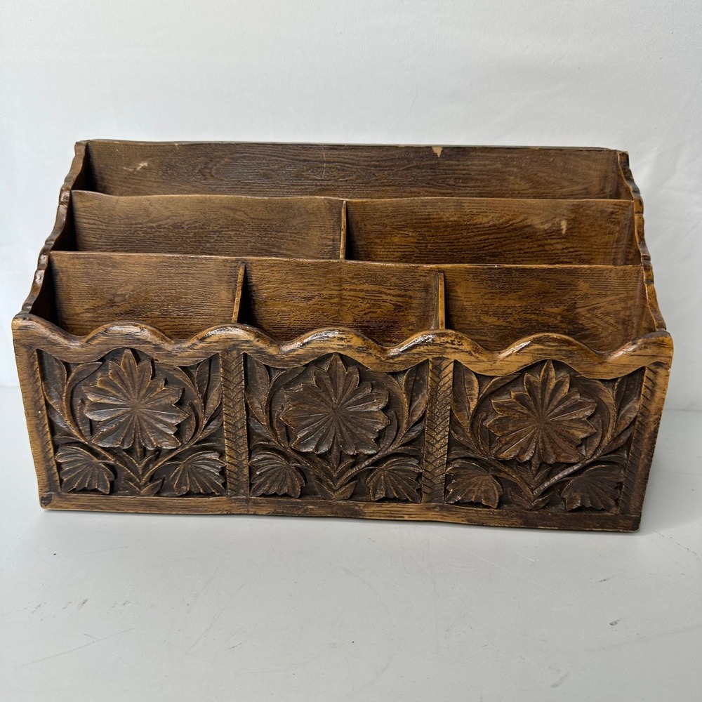 Lerner Vintage Faux Wood Desk Organizer Floral Carved Mail Sorter Brown Plastic